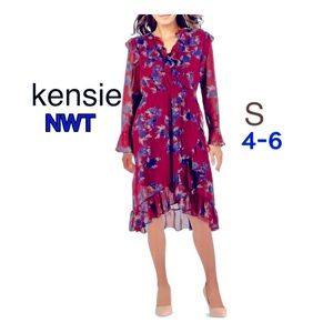 NWT S (4-6) kensie floral chiffon front ruffle bell sleeves burgundy & navy blue